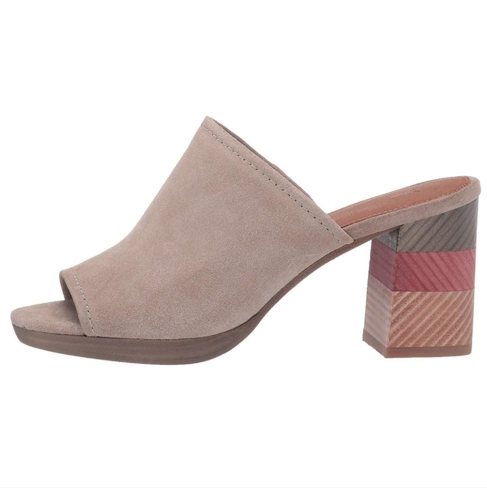 Frye Tan Suede Mules with Multicolor Block Heel
